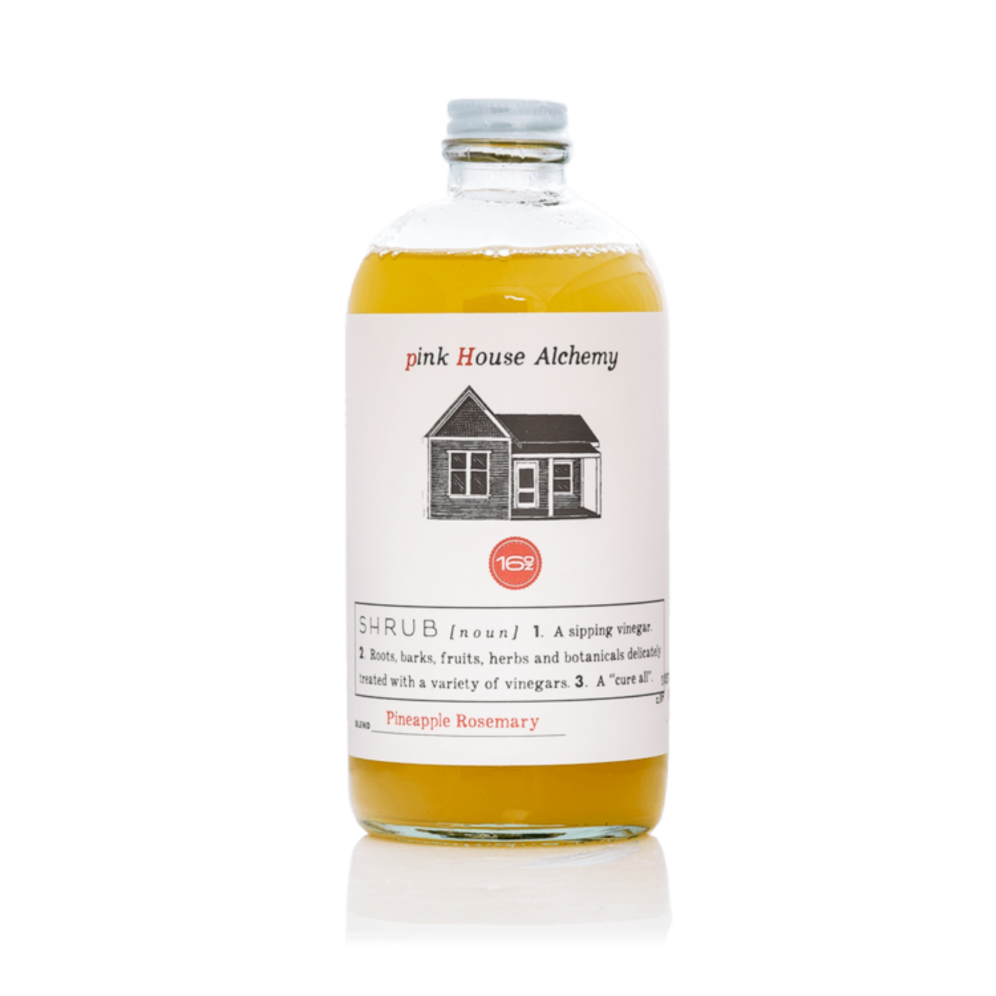 Bottle of pink House Alchemy shrub with a white label on a white background