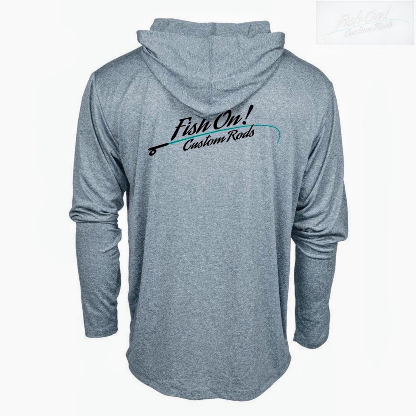 Gray hoodie with 'Fish On! Custom Reels' text on the back against a white background
