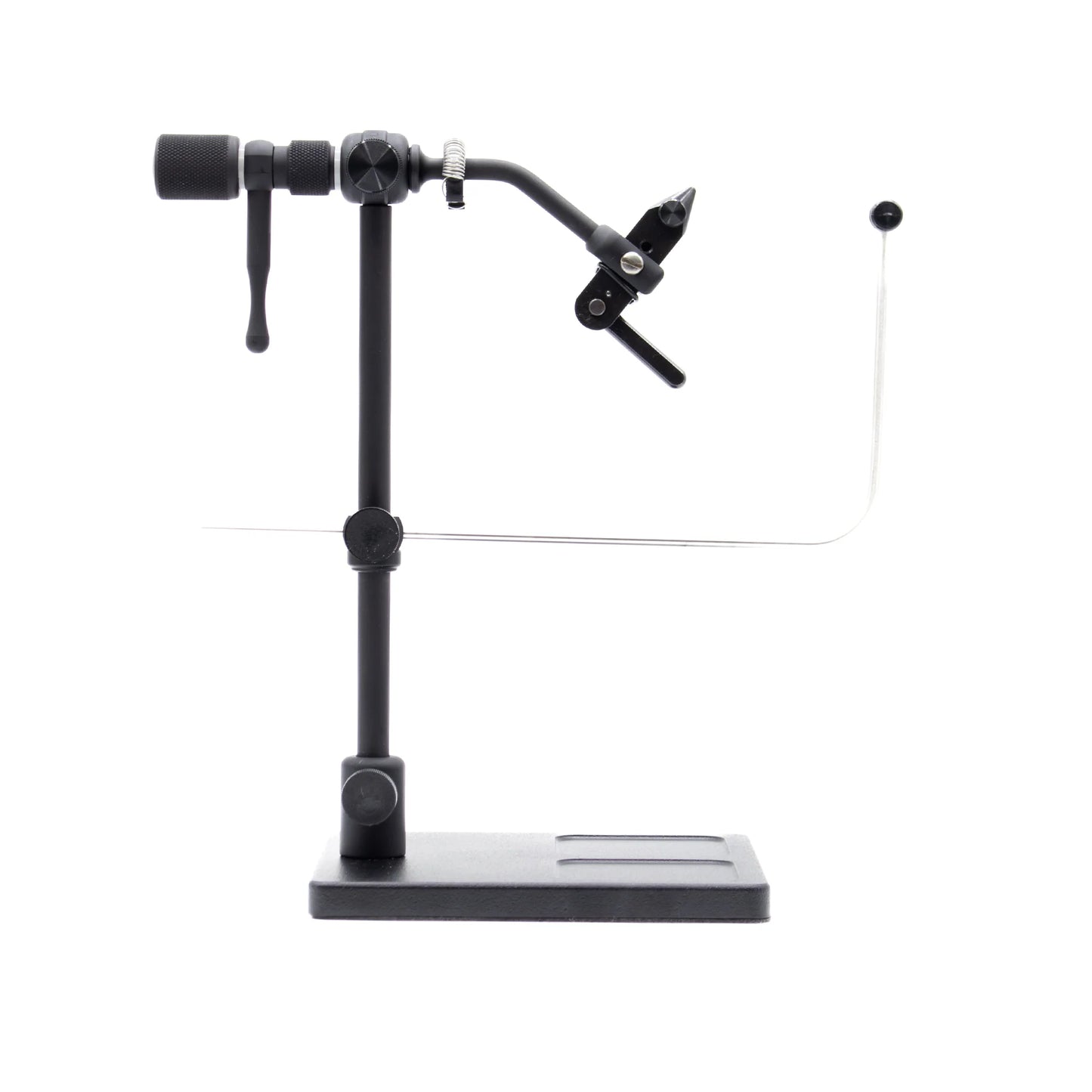 Black adjustable stand with a white base on a white background